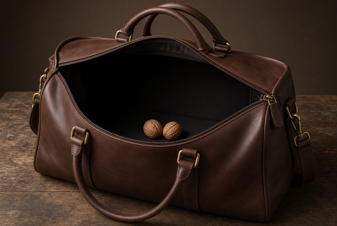 Large leather duffel containing two walnuts