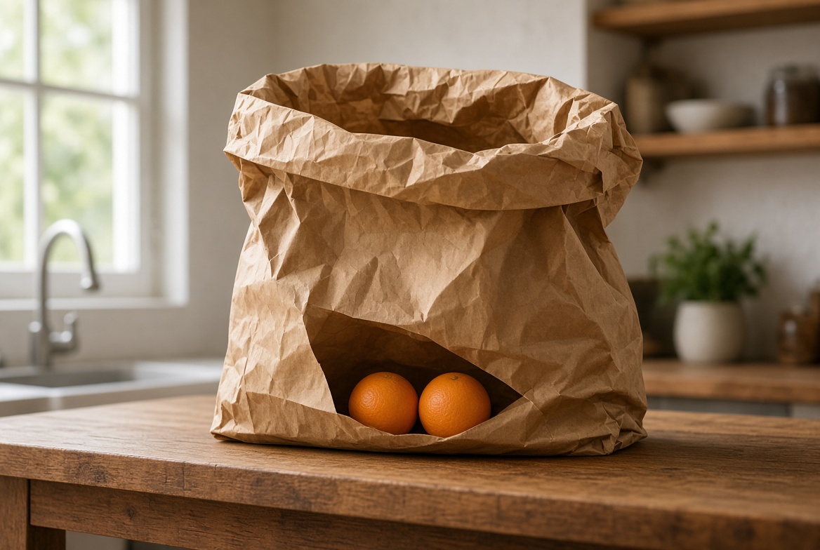 Oversized grocery sack containing two oranges
