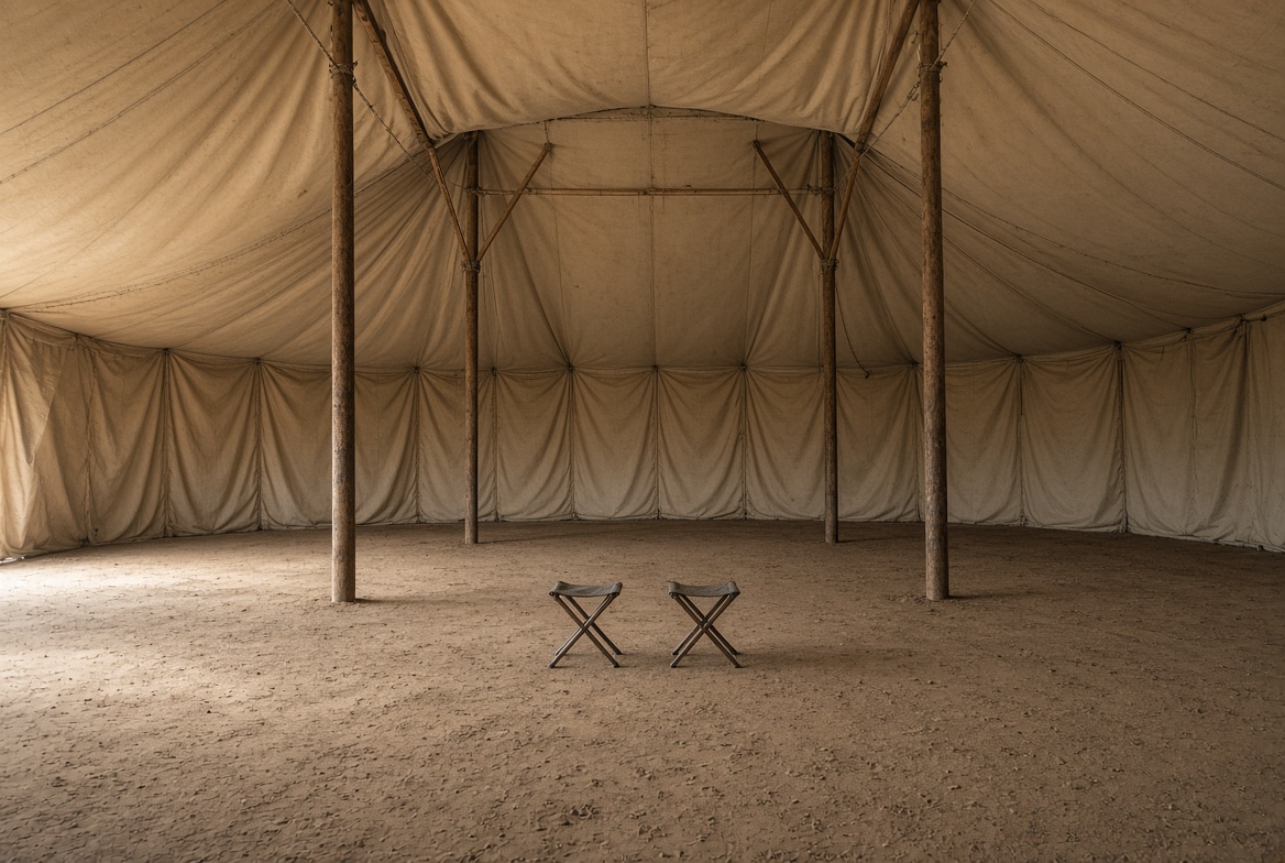 Large empty tent with two small stools
